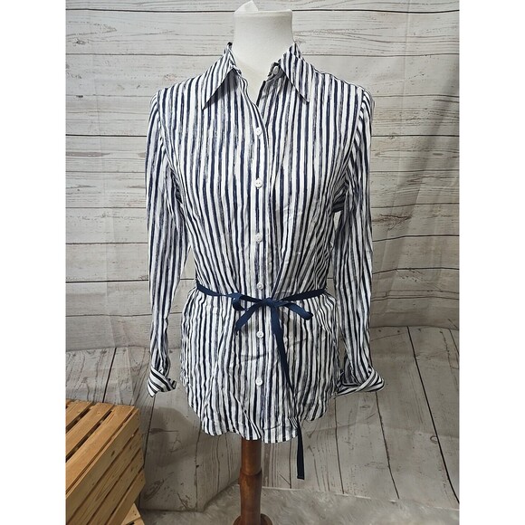 NWOT Foxcroft Women's Long Sleeve Button Front Belted Shirt Stripe Fitted Size 6 - Picture 1 of 8